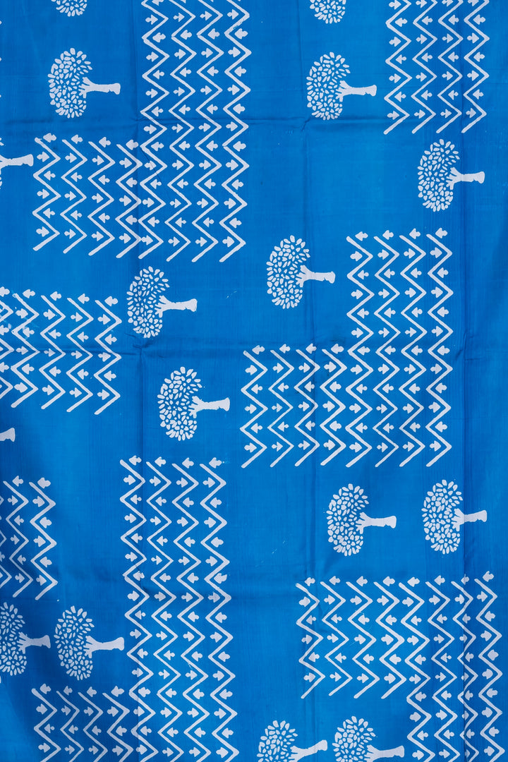 Tree motif printed pure silk in royal blue | SHOBITAM