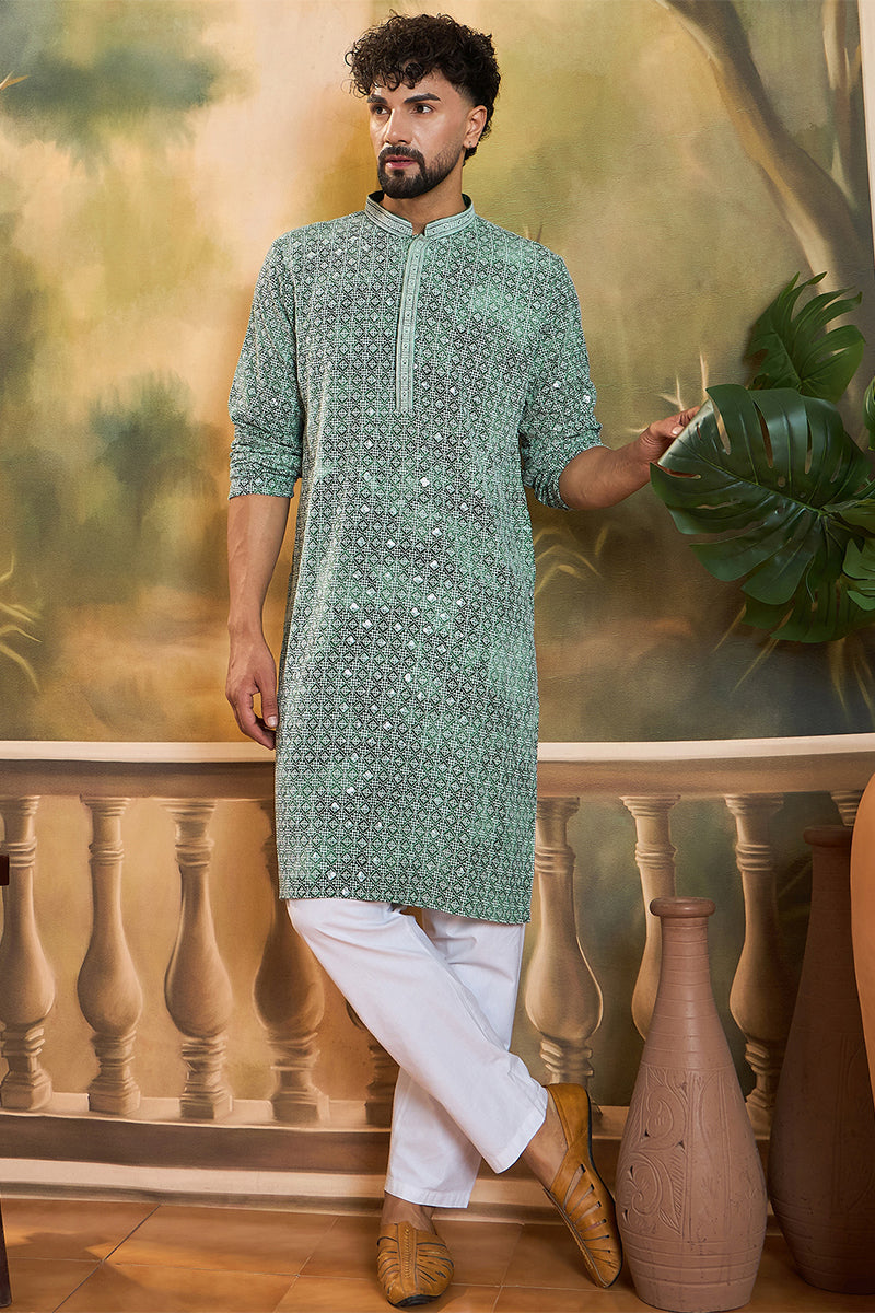 Green Viscose Rayon Shibori Embroidered Straight Kurta with Trouser  | SHOBITAM