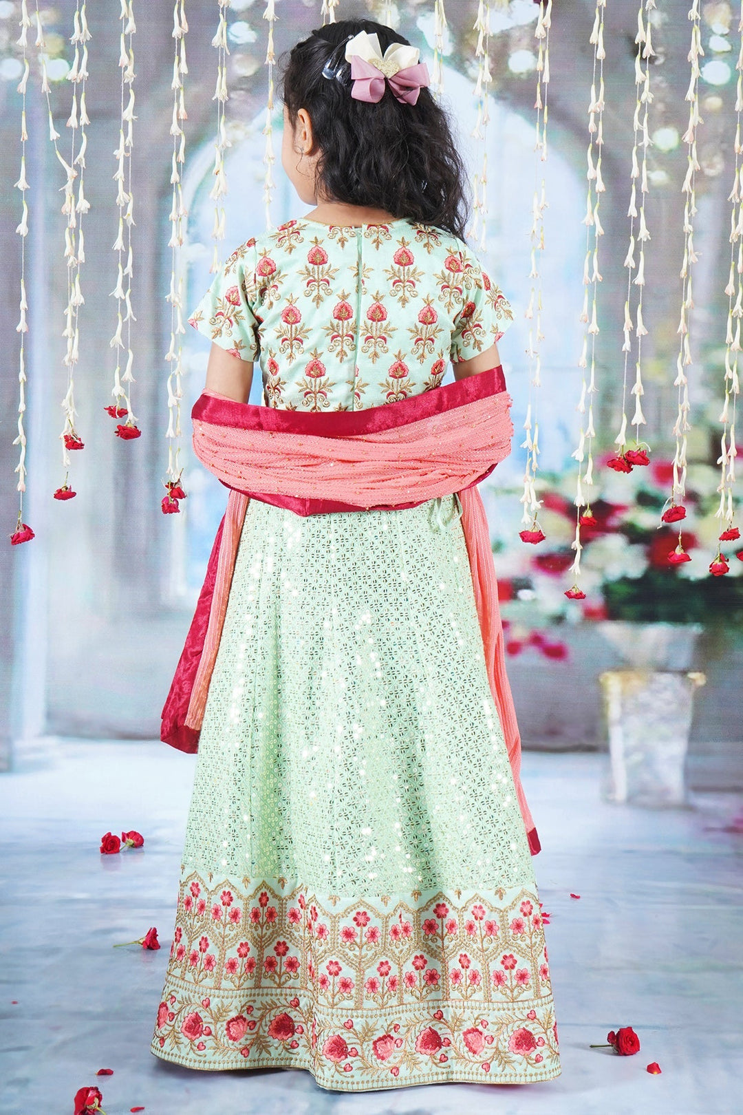 Girl Bageecha Floral Thread work Blouse with Mirror work Lehenga and Sequin moti work Dupatta, accompanied with Hand made tassel and Ghungroo work | SHOBITAM
