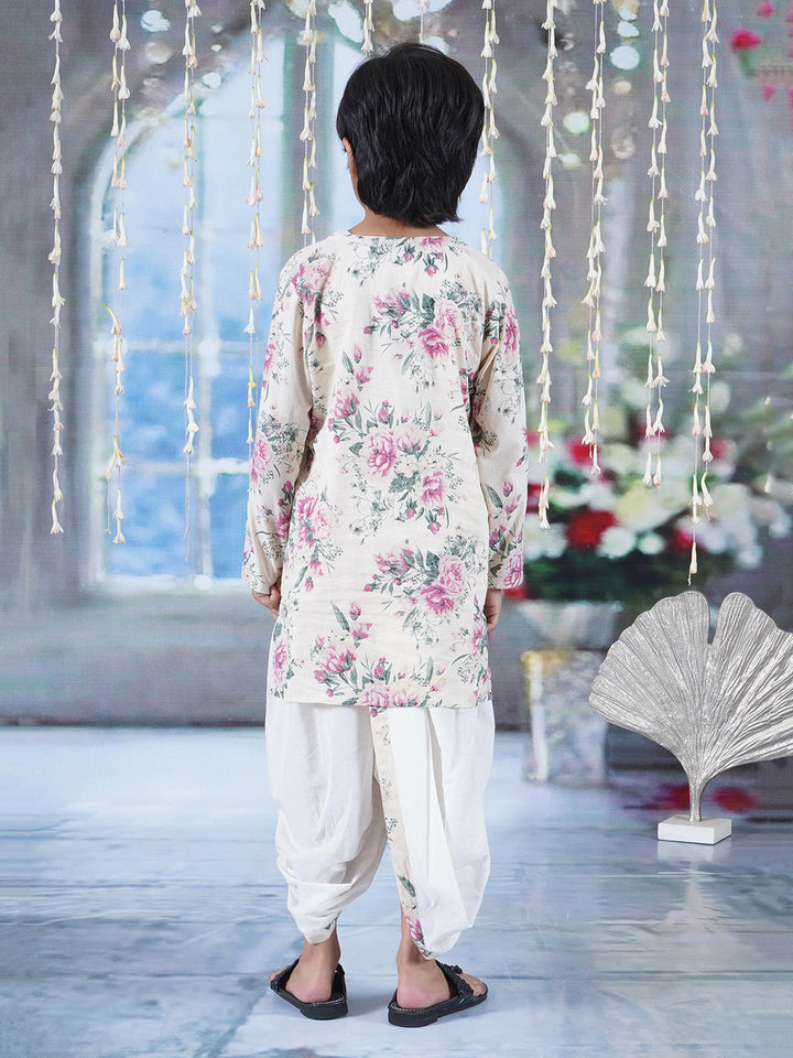 Boys Cotton Full Sleeves Kurta Dhoti with Floral Print and Pearl Buttons - Cream   | SHOBITAM