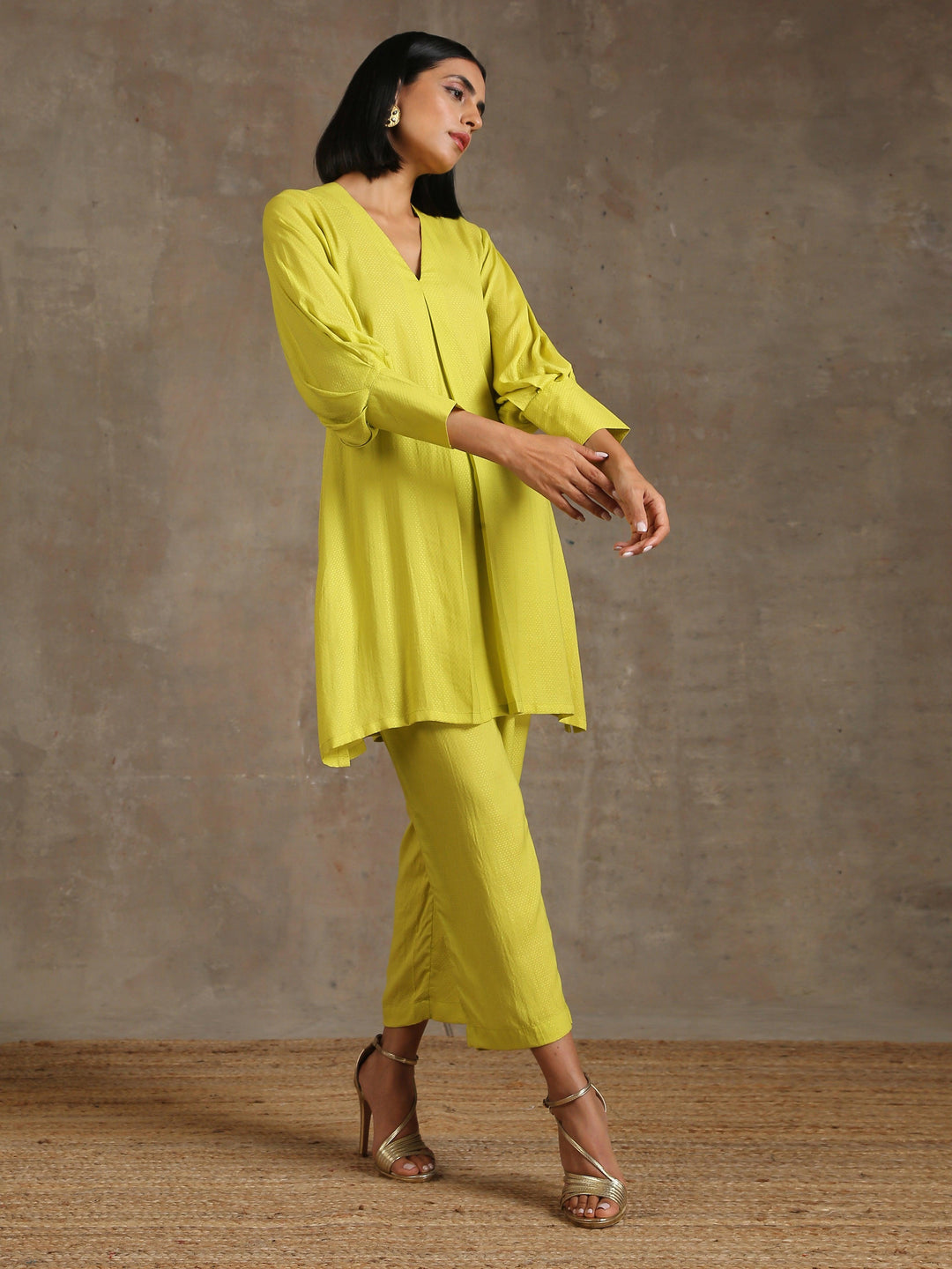 The Penelope - Lime Green Solid Textured Co-Ord Set | SHOBITAM
