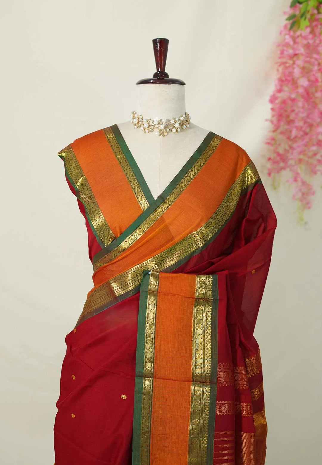 Maroon Pure mercerized silk cotton with buttas and rettapet border | SHOBITAM