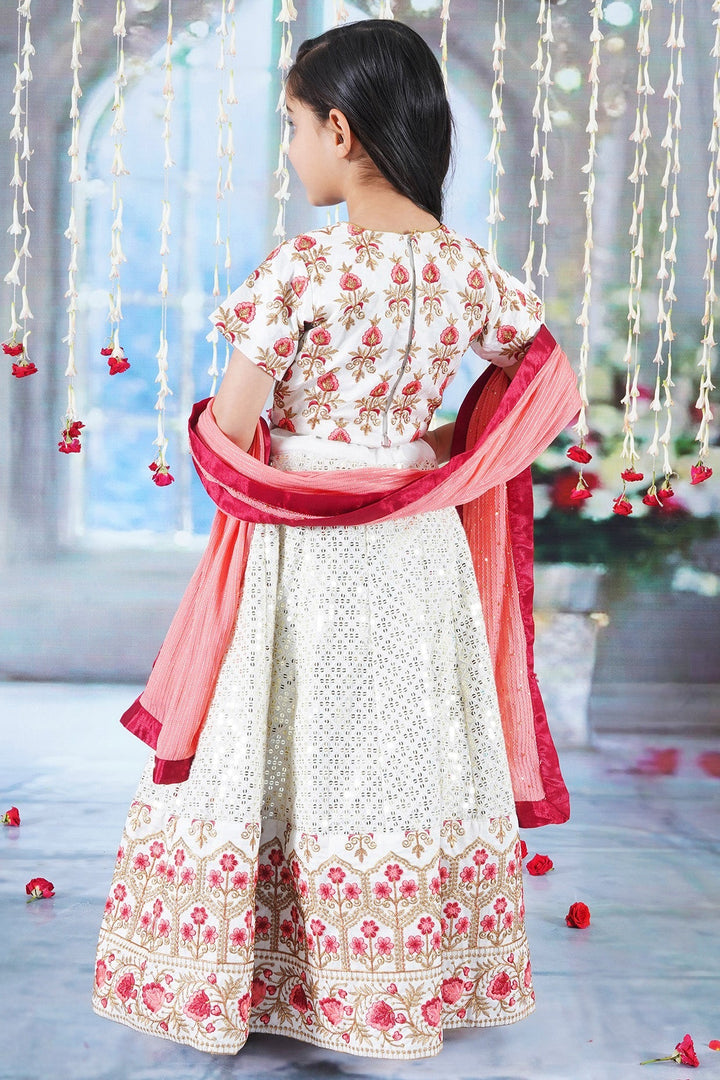 Girl Bageecha Floral Thread work Blouse with Mirror work Lehenga and Sequin moti work Dupatta, accompanied with Hand made tassel and Ghungroo work | SHOBITAM