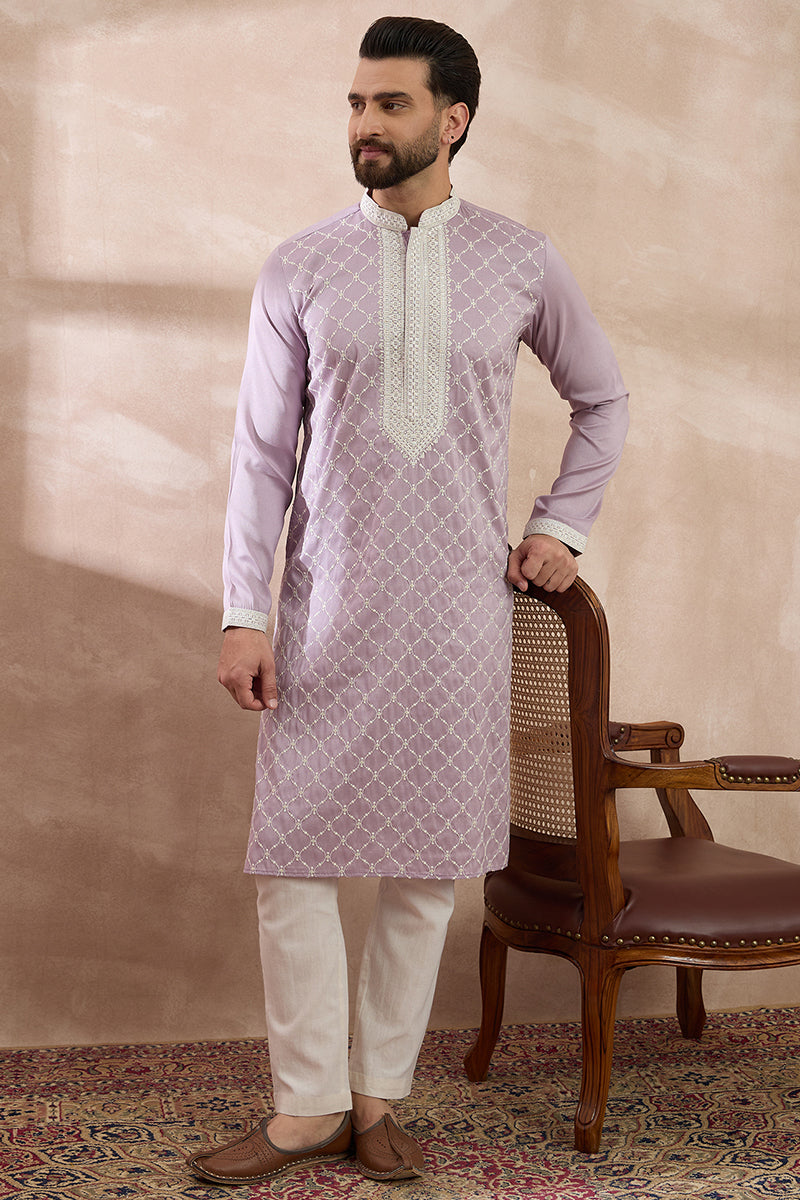 Lavender Silk Blend Embroidered Mandarin Collar Straight Kurta With Trouser | SHOBITAM