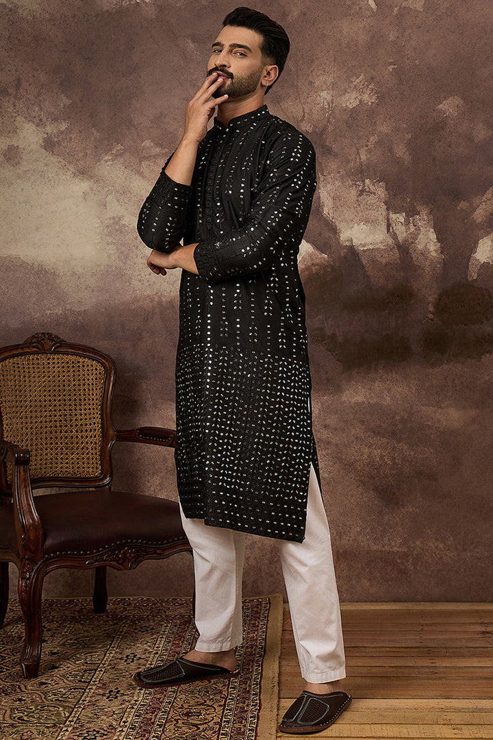 Black Silk Blend Solid Embroidered Straight Kurta With Pant Set | SHOBITAM