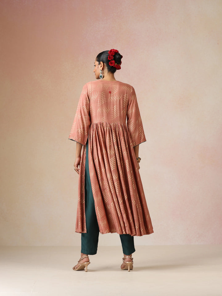 Peach Gold Foil Print Muslin Silk Anarkali High-Slit Kurta Set | SHOBITAM