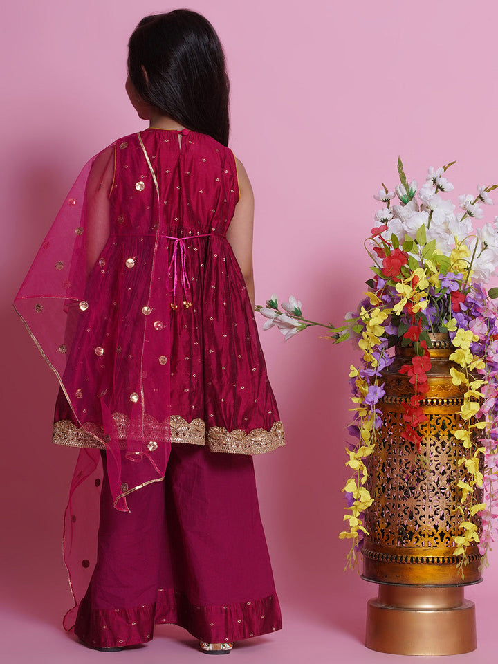 Chanderi Cotton Sleeveless Zari Boota & Lace Embellished Kurta Frock with Plazzo and Dupatta - Hot Pink | SHOBITAM