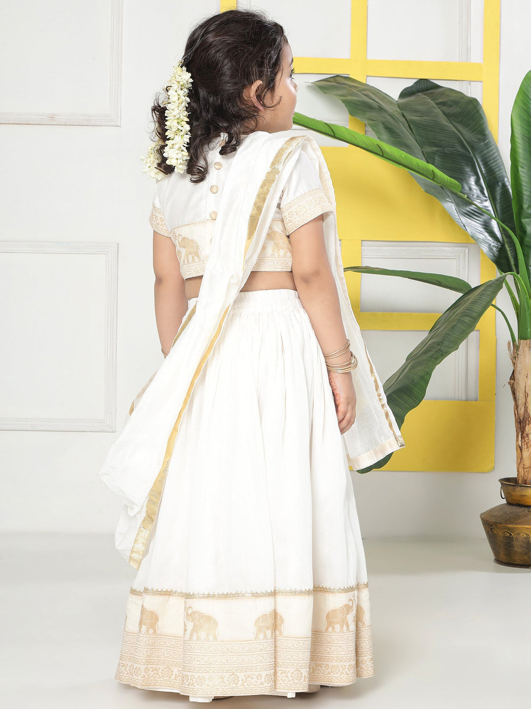 Cream Elephant Zari Embroidery Chanderi Cotton Lehenga Set | SHOBITAM