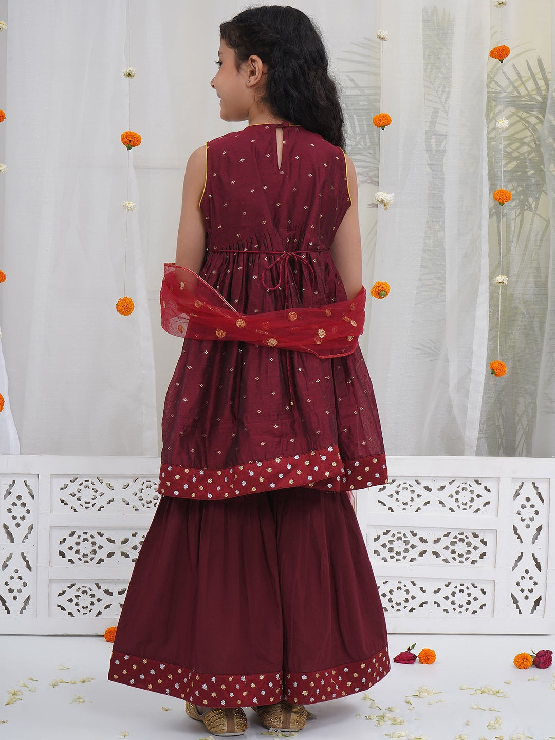 Girls Maroon Chanderi Semi-Silk Kurta Sharara Set with Dupatta and Cotton Lining | SHOBITAM