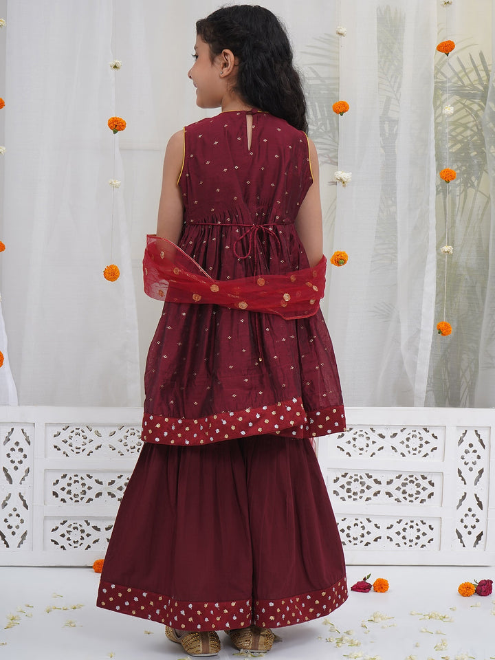 Girls Maroon Chanderi Semi-Silk Kurta Sharara Set with Dupatta and Cotton Lining | SHOBITAM
