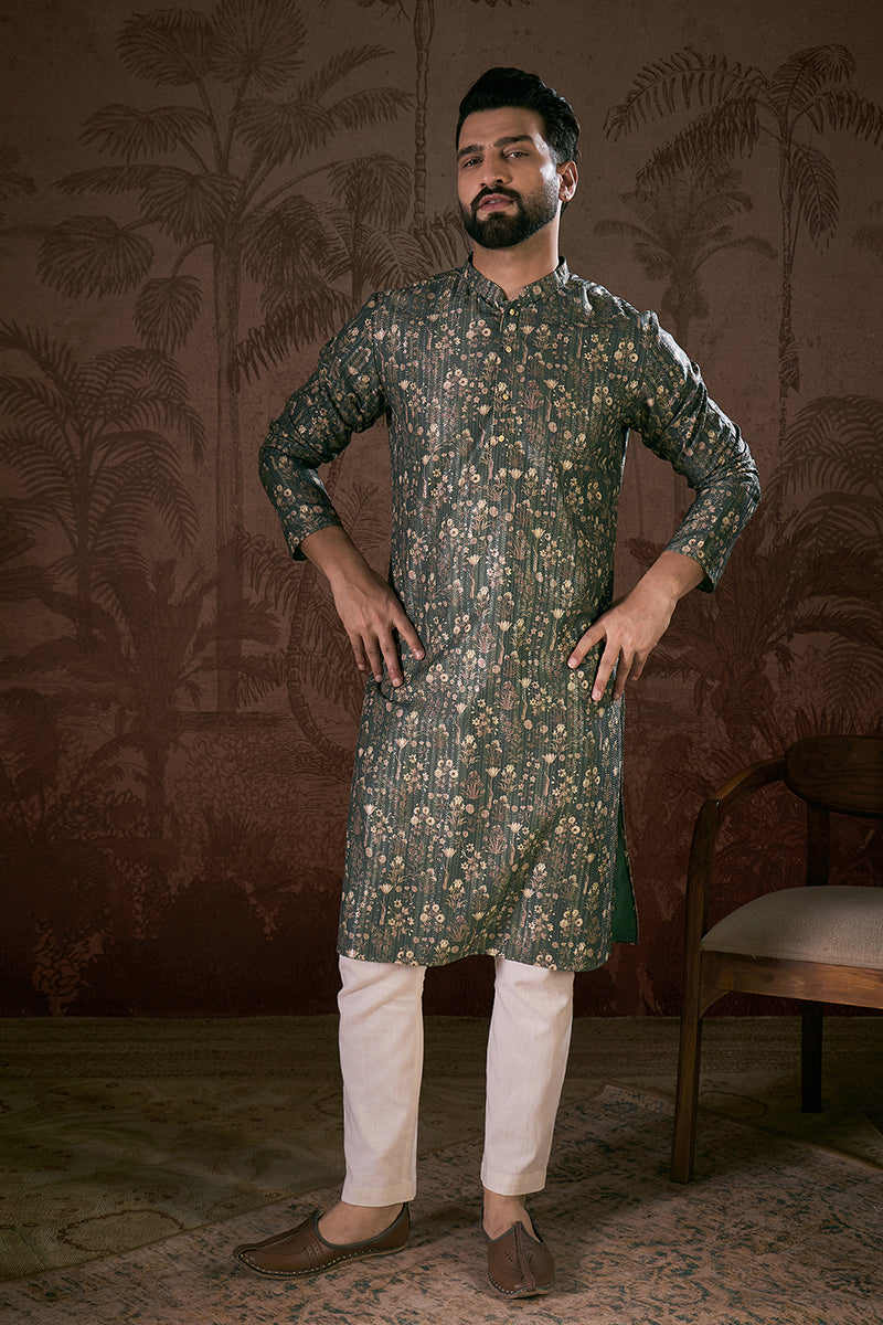 Olive Silk Blend Floral Printed Straight Kurta For Men | SHOBITAM