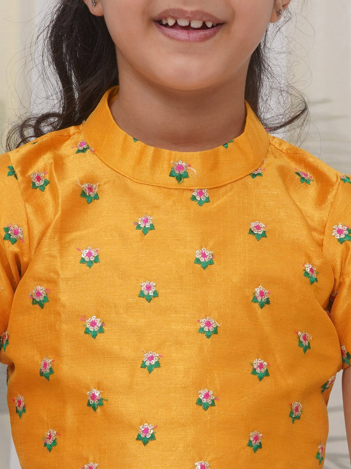 Girls Brocade Short Sleeves Sequin Floral Embroidery Ready to wear Blouse with Ready to wear Georgette Saree - Pink | SHOBITAM