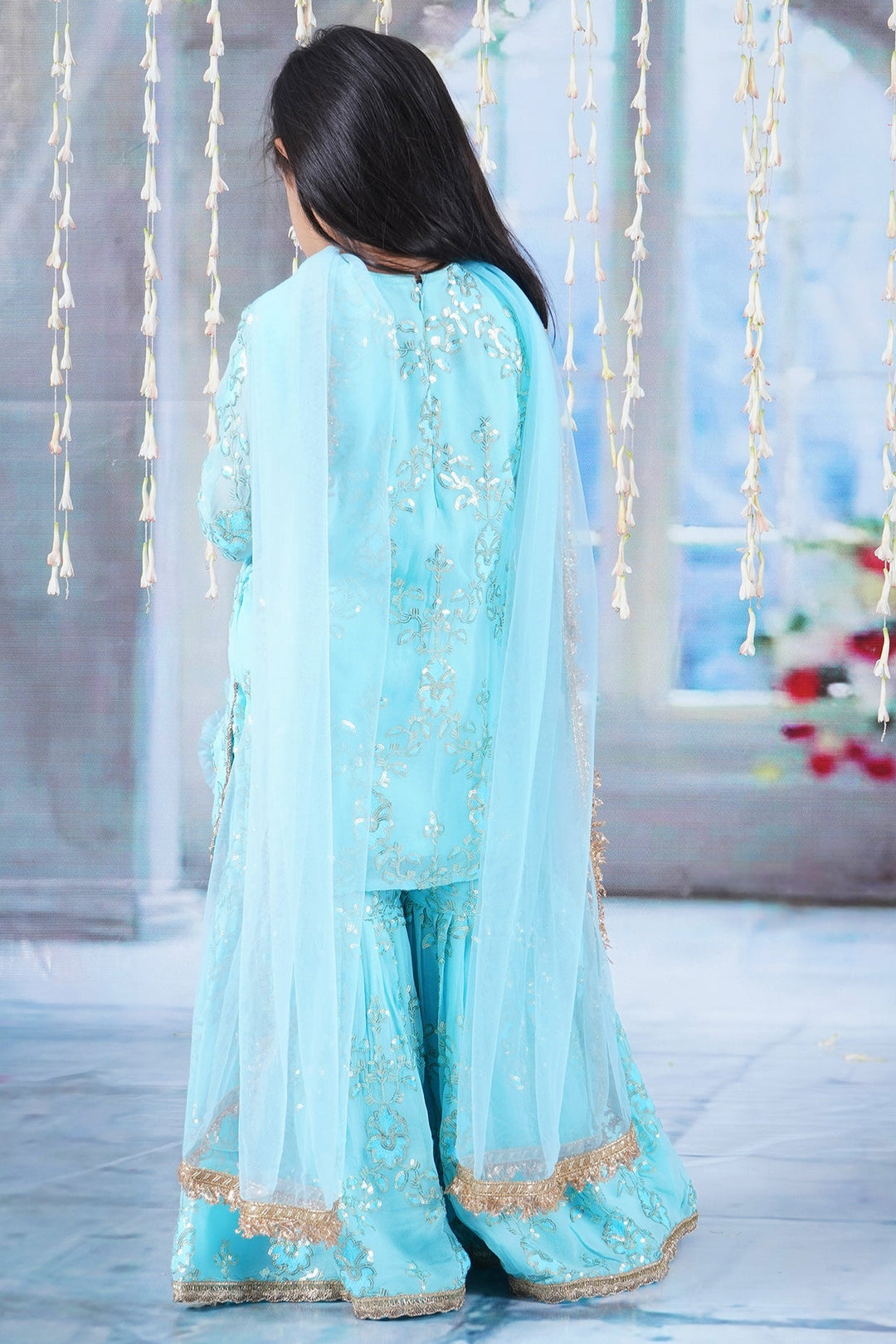 Girls Cotton Candy Blue Kurta with Irish Thread and Sequin work Embroidery with Sharara, Dupatta and Potli | SHOBITAM