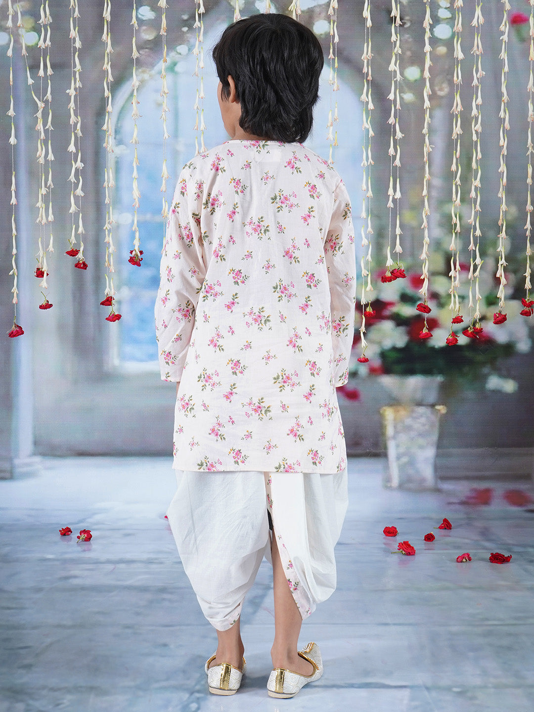 Boys Cotton Full Sleeves Kurta Dhoti with Garden Floral Print and Pearl Buttons - Beige Pink  | SHOBITAM