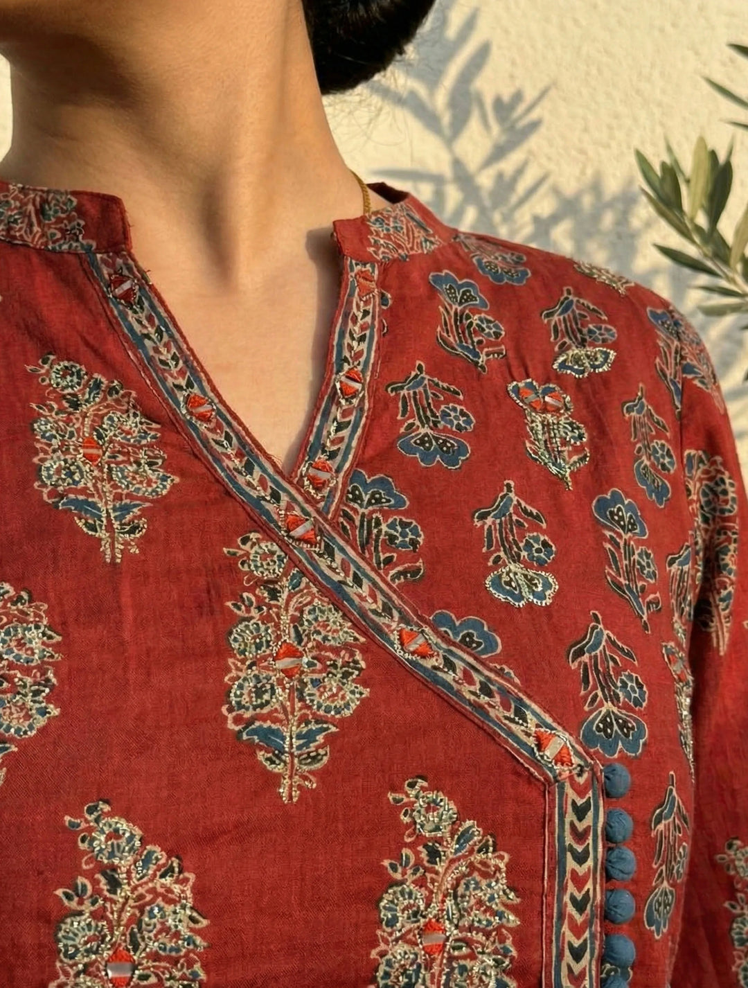 Rust Boota Print Angrakha Kurta Pant Dupatta Set | SHOBITAM