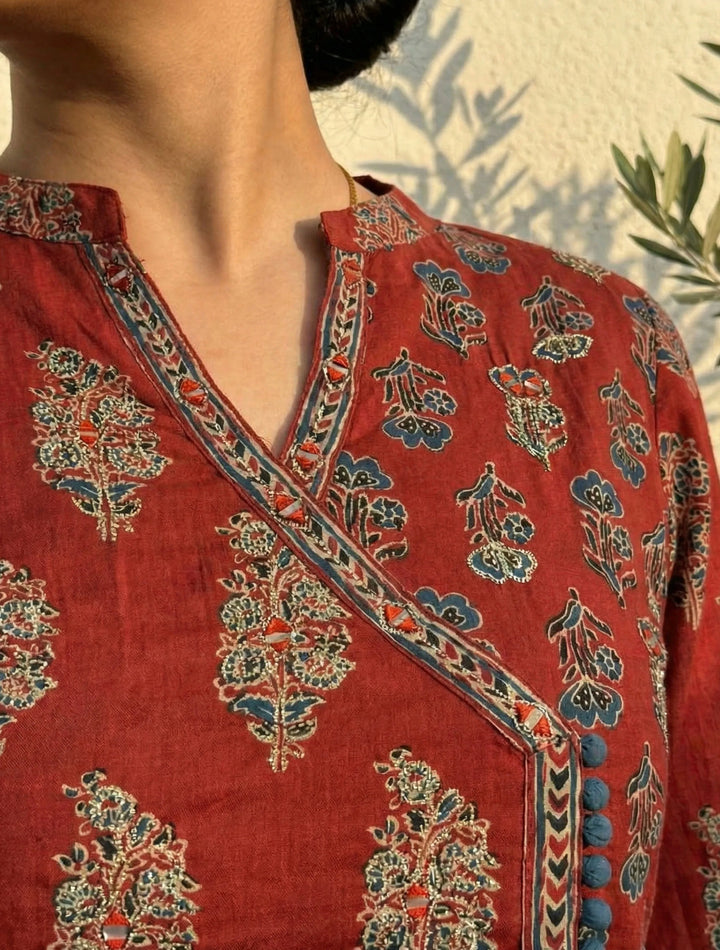 Rust Boota Print Angrakha Kurta Pant Dupatta Set | SHOBITAM