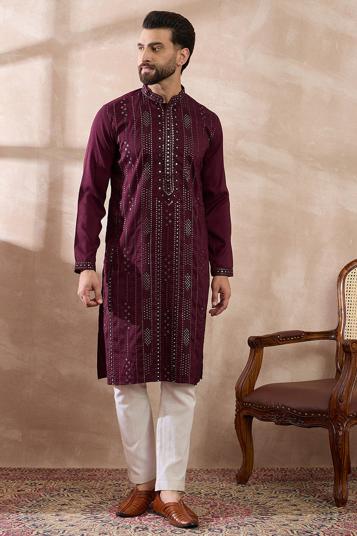 Purple Silk Blend Embroidered Mandarin Collar Straight Kurta For Men | SHOBITAM