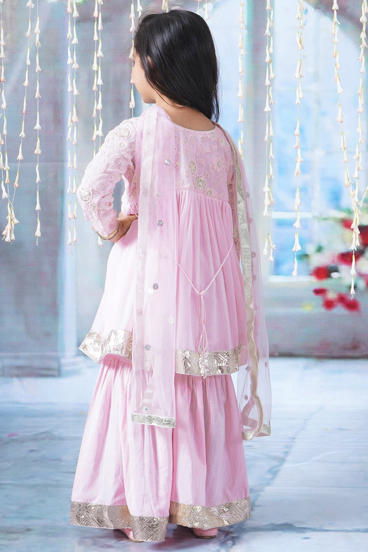 Girls Floral Sequin Embrodiery Kurta with Sharara and Dupatta with Lace Work | SHOBITAM