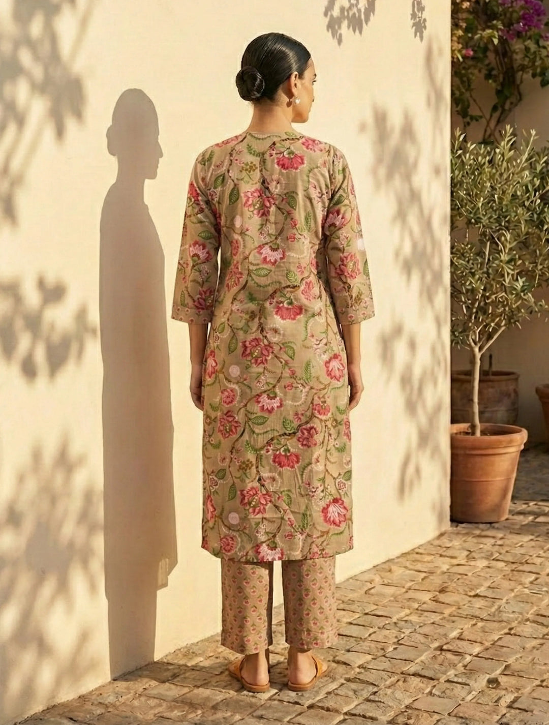 Beige Floral Print Straight Kurta Pant Dupatta Set | SHOBITAM