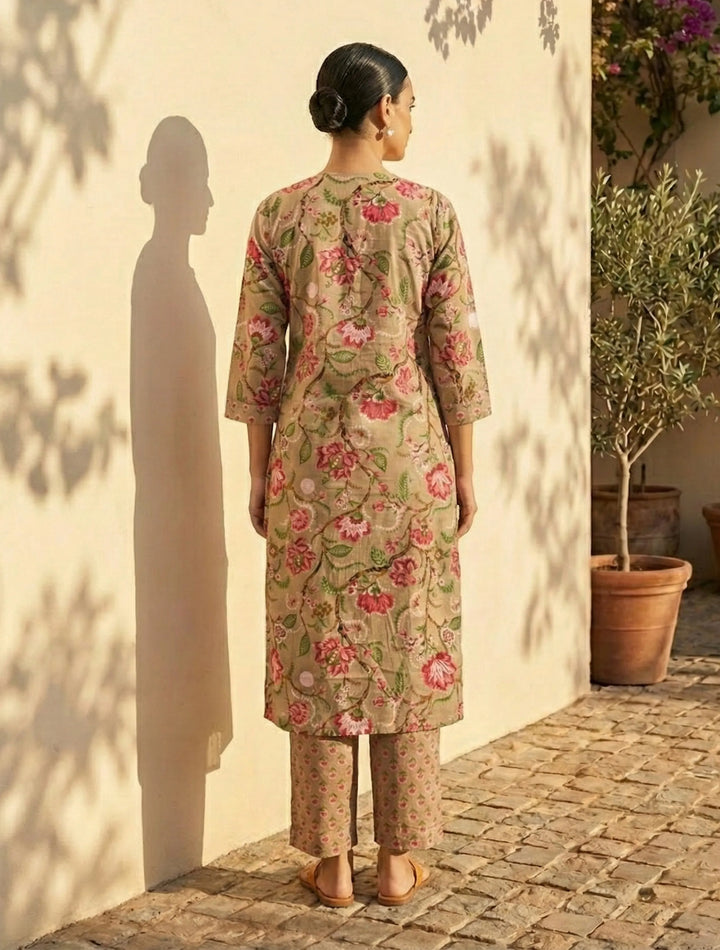 Beige Floral Print Straight Kurta Pant Dupatta Set | SHOBITAM