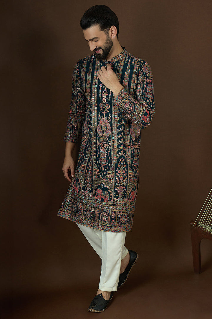 Teal Georgette Solid Embroidered Straight Kurta Sets | SHOBITAM