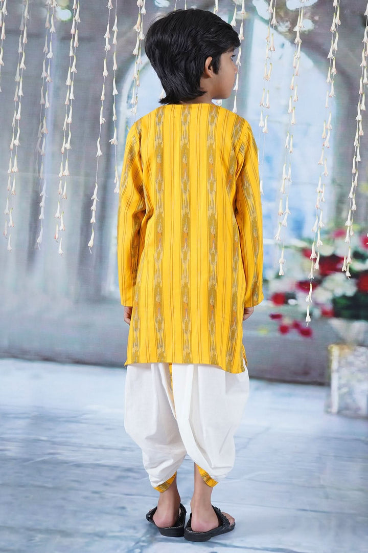 Boys Cotton Full Sleeves Ikat Kurta with Dhoti and Pearl Buttons - Yellow | SHOBITAM