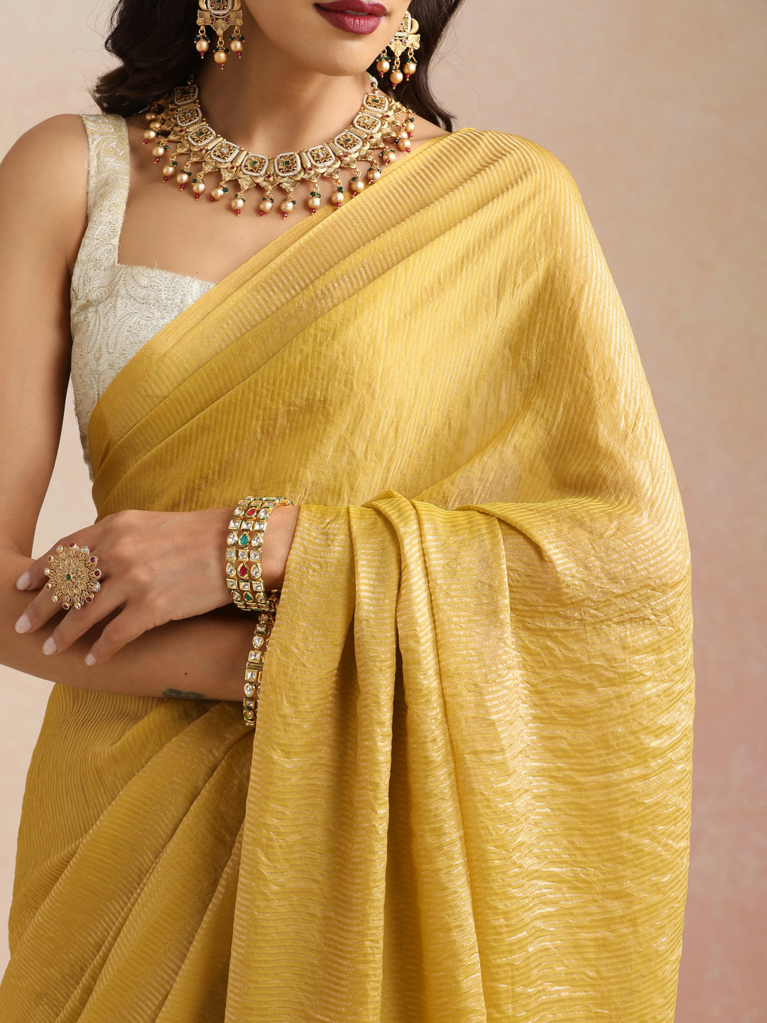 Mustard Tissue Stripe Saree With Unstitched Blouse | SHOBITAM