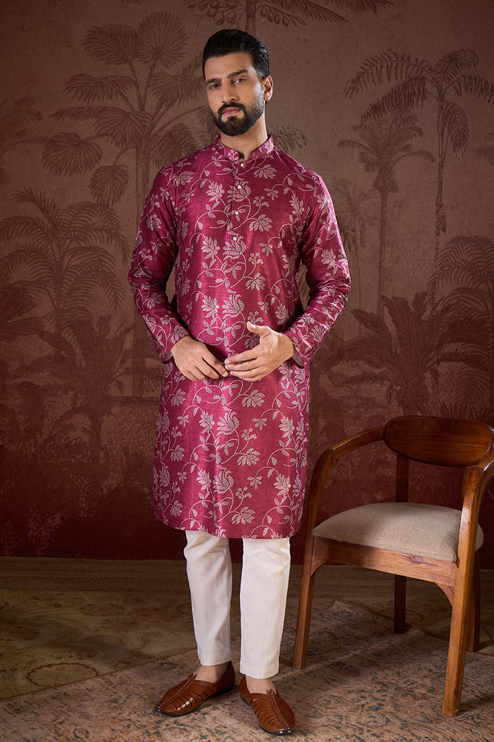 Red Silk Blend Floral Printed Straight Kurta For Men | SHOBITAM