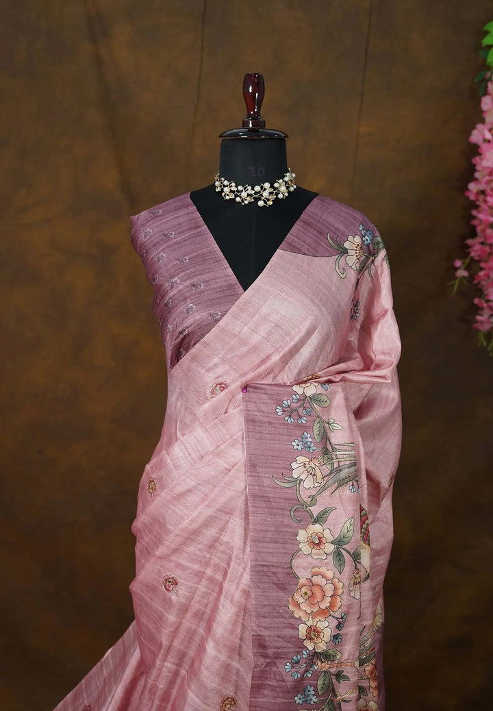Thistle Semi Tussar Saree with Embroidery Outline | SHOBITAM