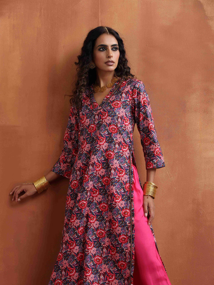 Pink Print High Slit Kurta Set | SHOBITAM