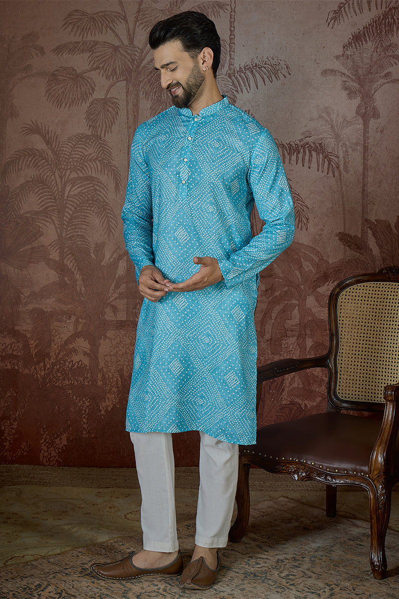 Mens Blue Linen Bandhani Print Regular Kurta With Trouser | SHOBITAM