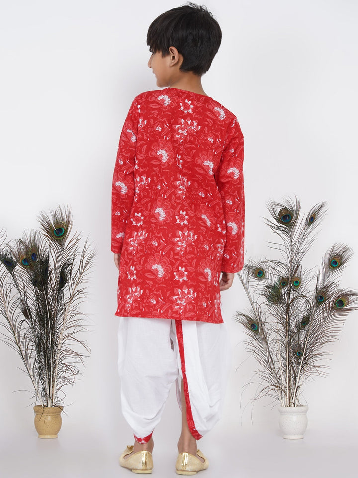 Boys Floral Kurta with Pearl Buttons and Dhoti in Red and White  | SHOBITAM