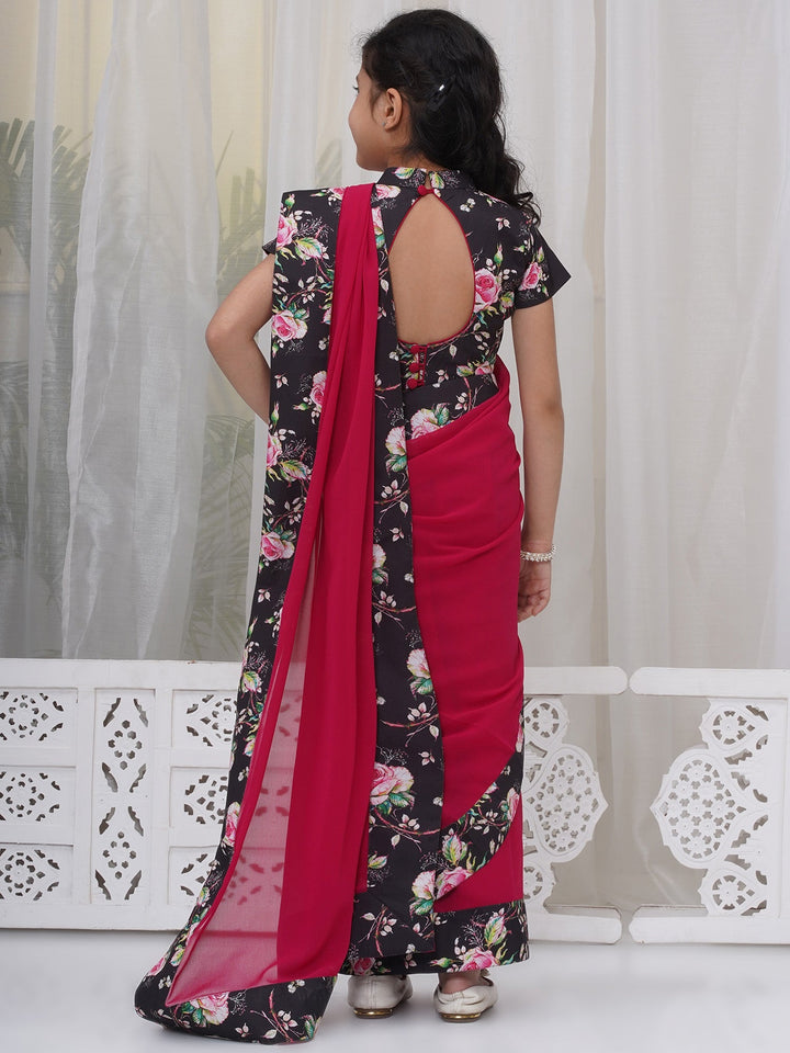 Girls Cotton Short Sleeves Floral Print Ready to wear Blouse with Ready to wear Georgette Saree -Rani | SHOBITAM