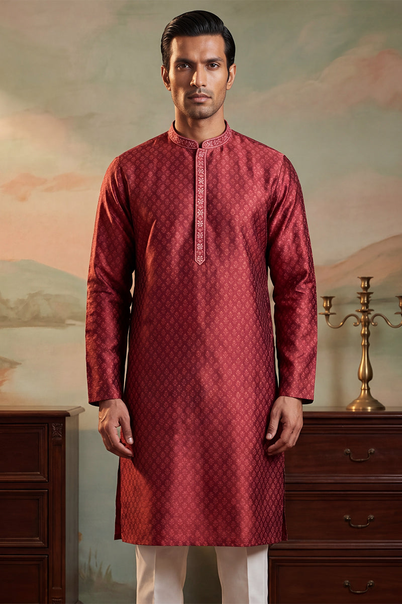Mens Maroon Jacquard Woven Design Straight Kurta With Trouser | SHOBITAM