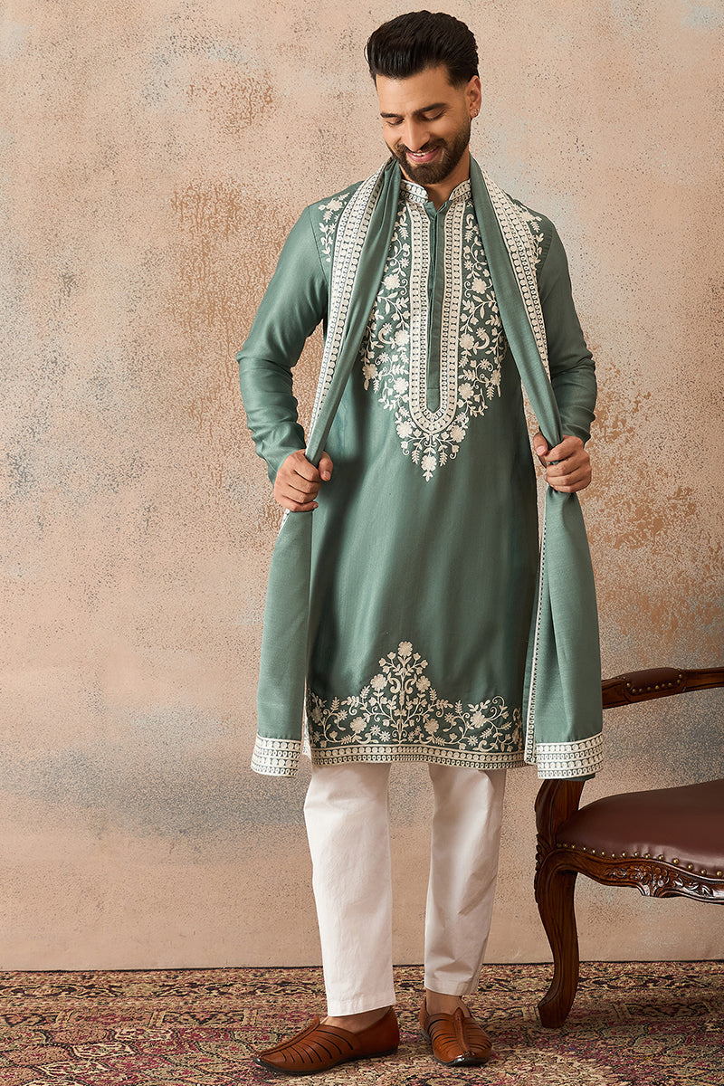 Mens Green Silk Blend Solid Embroidered Kurta Trouser With Dupatta | SHOBITAM