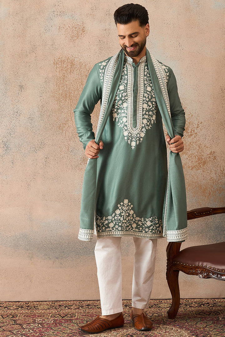 Mens Green Silk Blend Solid Embroidered Kurta Trouser With Dupatta | SHOBITAM