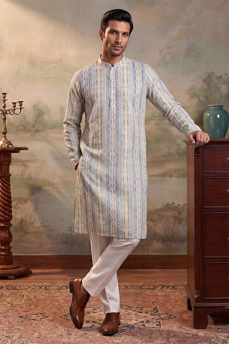 Mens Multi Silk Blend Abstract Printed Kurta With Trousers