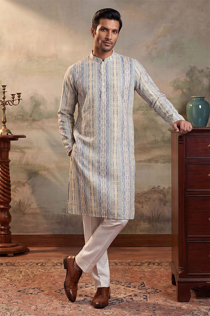 Mens Multi Silk Blend Abstract Printed Kurta With Trousers