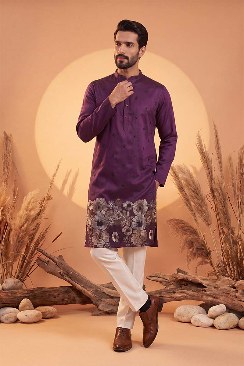 Mens Violet Silk Blend Solid Embroidered Kurta With Trousers | SHOBITAM