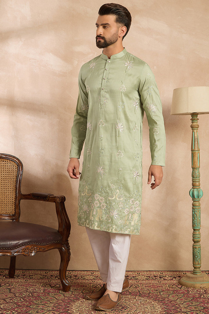 Olive Silk Blend Solid Embroidered Straight Kurta | SHOBITAM