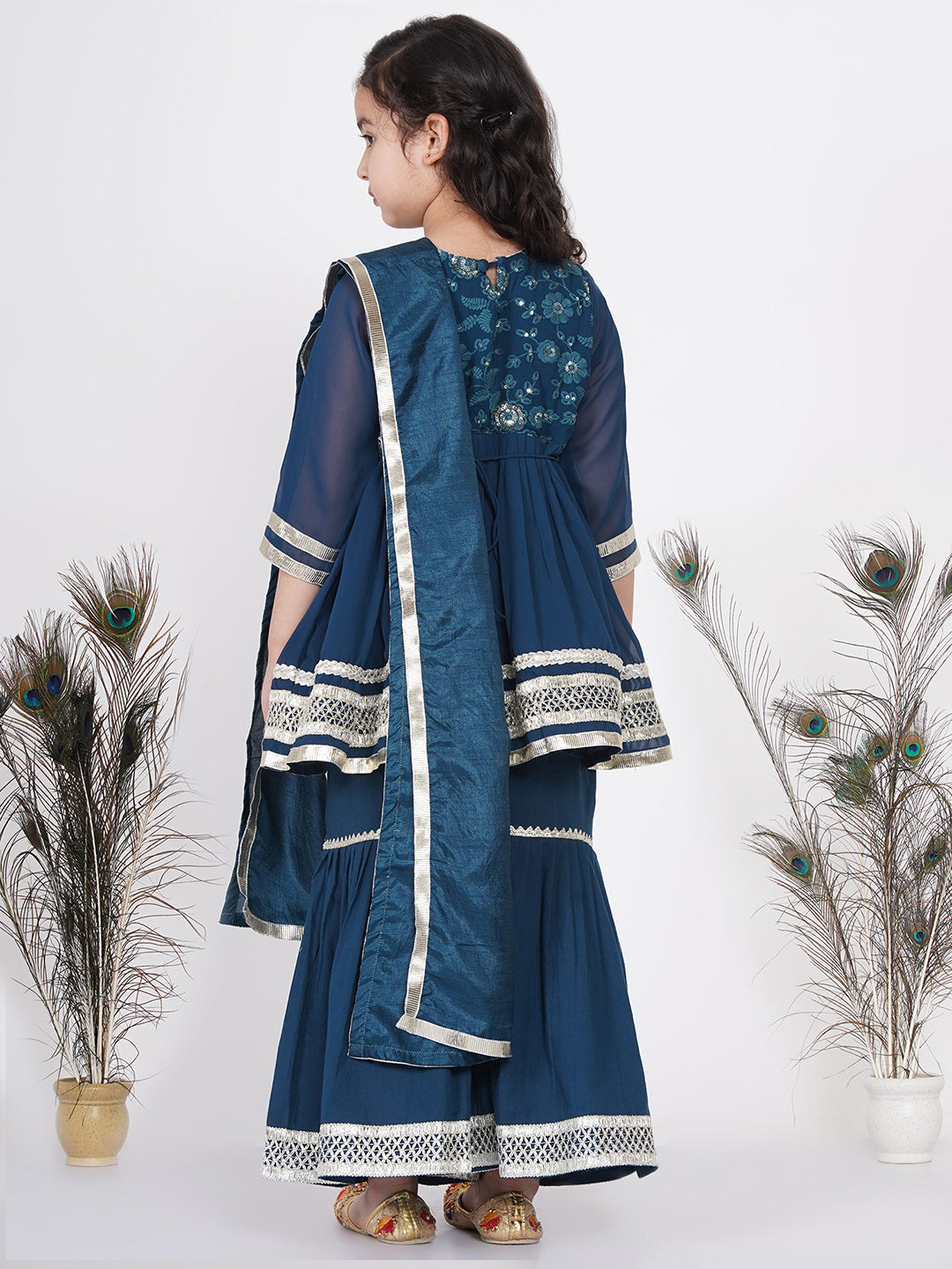 Girls jaipuri Lacework Kurta frock with Sharara and Dupatta - Nighttime Blue | SHOBITAM