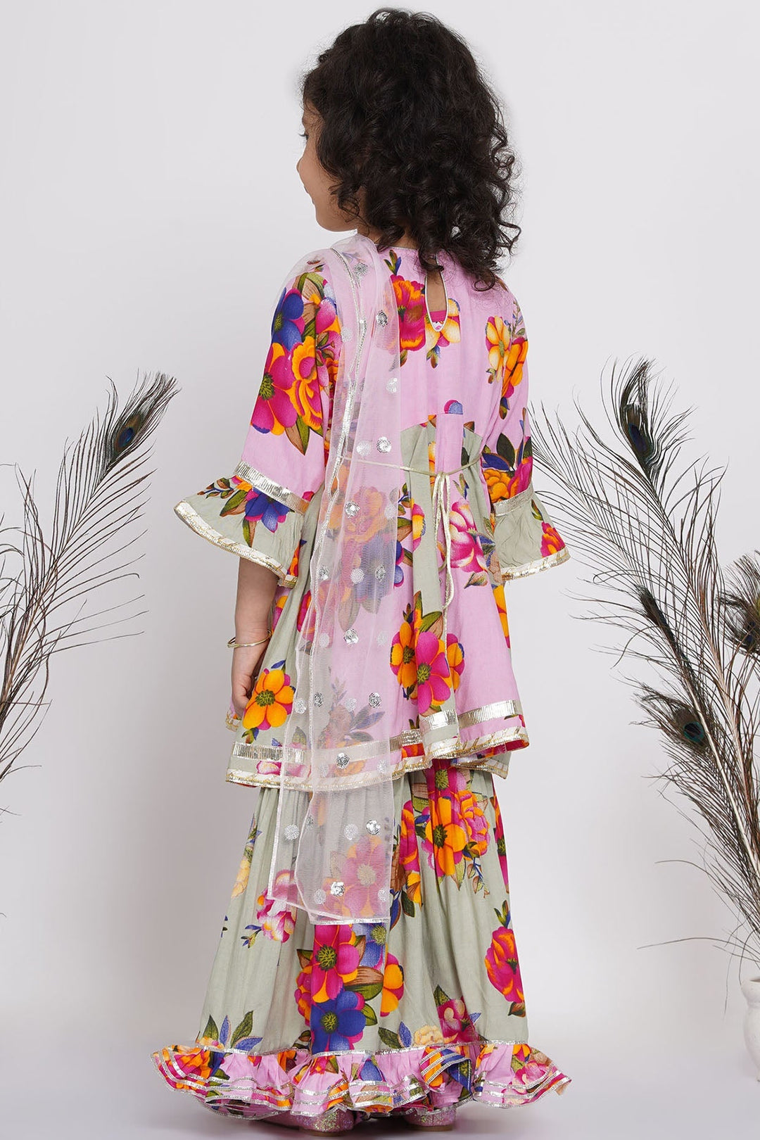 Girls Pearl Detailing Kali Frock Kurta with Sharara and Dupatta in Green & Pink | SHOBITAM