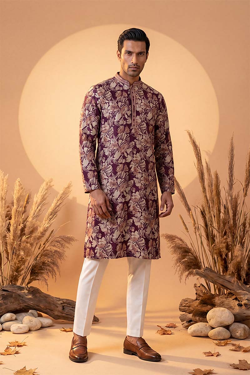 Mens Purple Viscose Rayon Floral Printed Kurta With Trousers | SHOBITAM