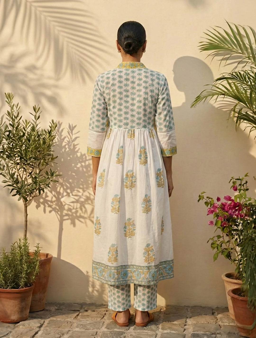 White Yellow Printed Anarkali Kurta Pant Dupatta Set | SHOBITAM
