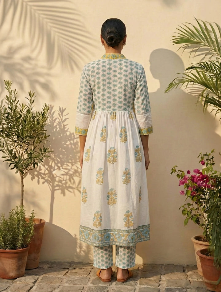 White Yellow Printed Anarkali Kurta Pant Dupatta Set | SHOBITAM