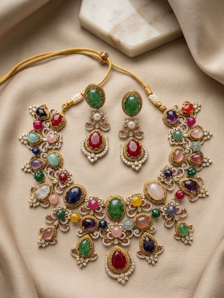 Multicolour Navratna Kundan Statement Necklace Set with Earrings | Shobitam