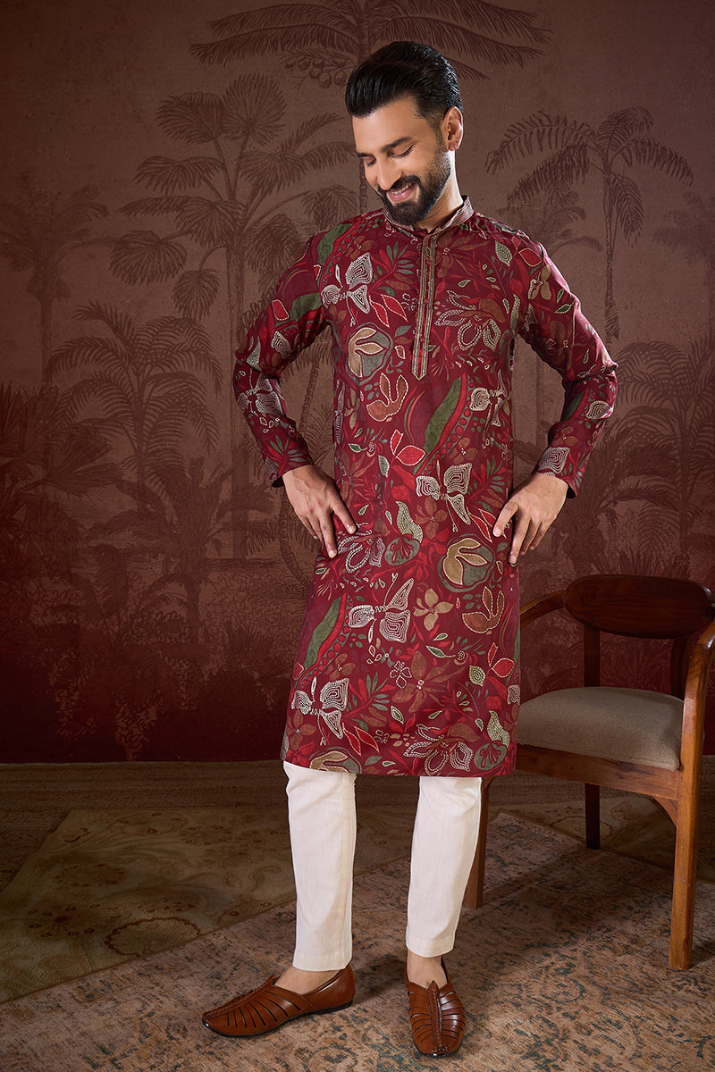Maroon Silk Blend Floral Printed Straight Kurta For Men | SHOBITAM