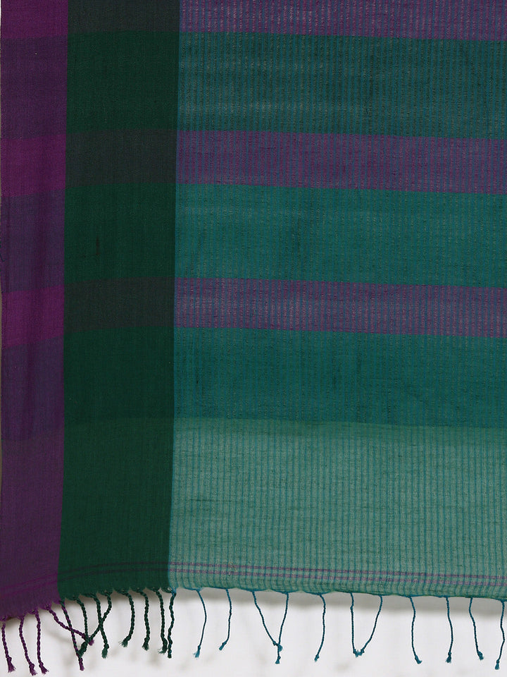 Green Purple Striped Cotton Saree | SHOBITAM
