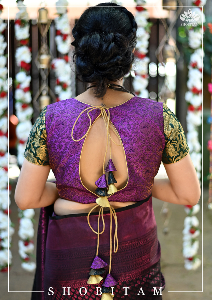 Purple and Black Banarasi Brocade Blouse with Tie back design | SHOBITAM