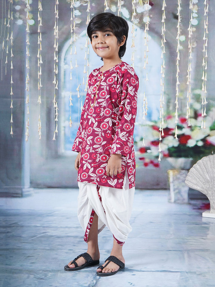 Boys Cotton Full Sleeves Kurta Dhoti with Floral Print and Pearl Buttons - Mahroon and Cream  | SHOBITAM